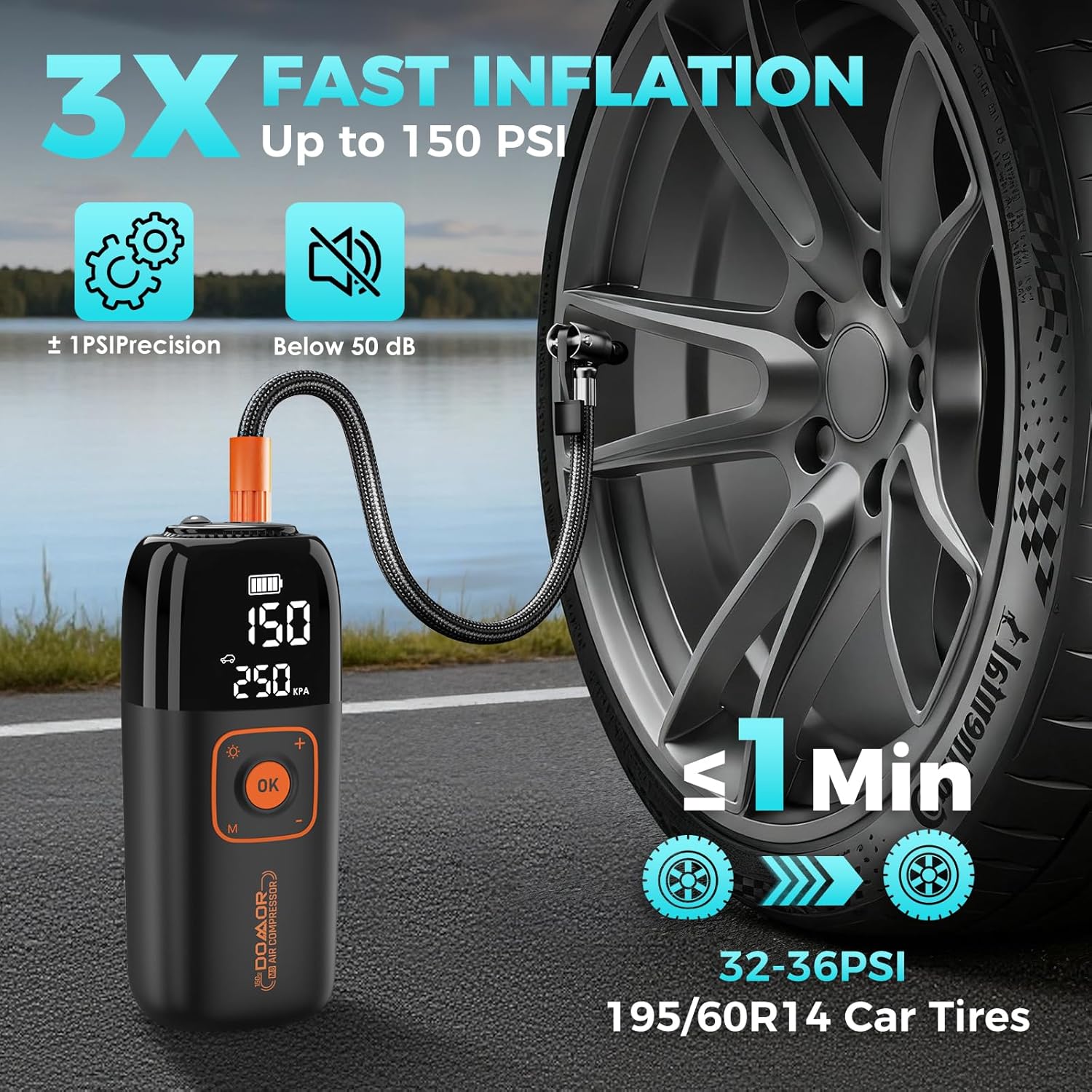 Detalle 2 de DOMOR Cordless Tyre Inflator – 150 PSI portable electric bike pump with LCD gauge