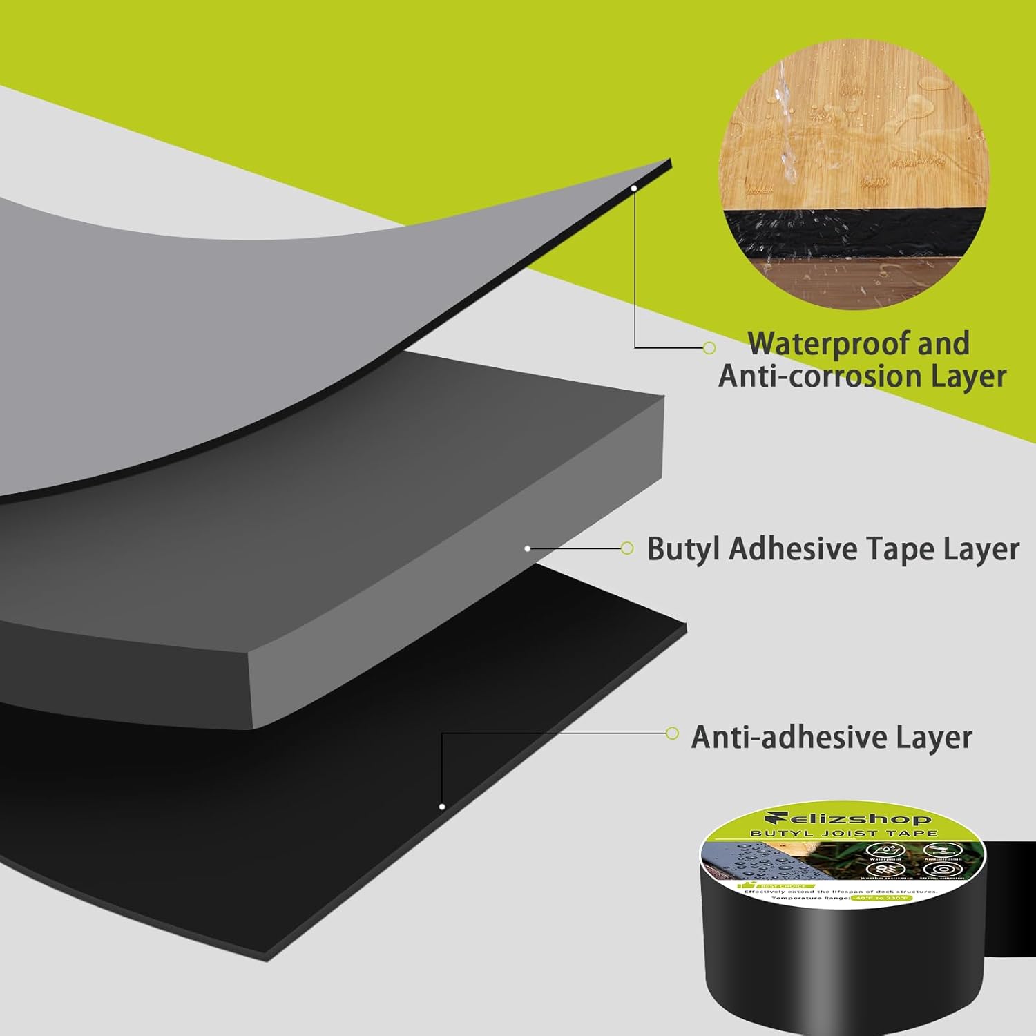 Thumbnail 2 de Joist Tape for Decking (1 5/8" x 50') Butyl Deck Joist Flashing Tape — Waterproof Anti-Corrosion, Self-Adhesive, 12 Rolls