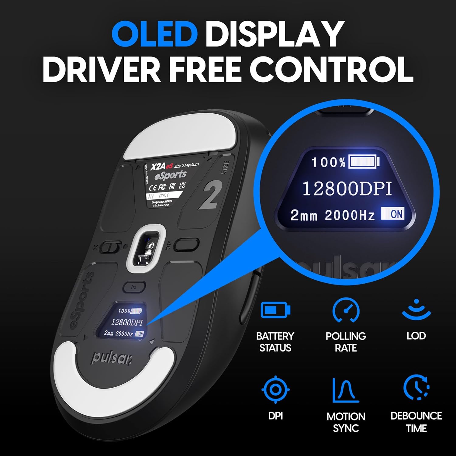 Thumbnail 3 de Pulsar X2 A ES Medium (Noir) : souris esports à écran OLED et capteur PAW3395