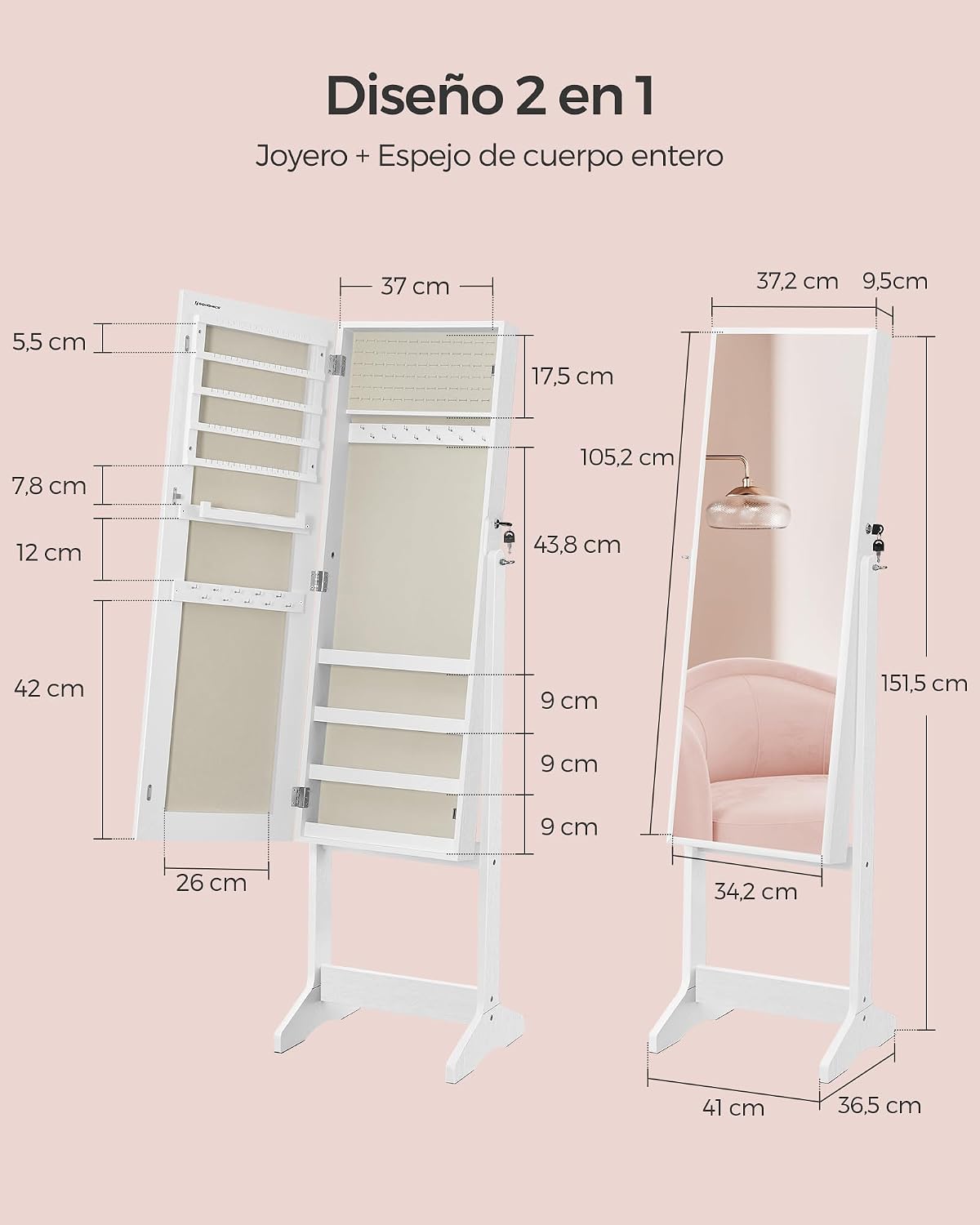 Detalle de SONGMICS Espejo Joyero JJC069W02 con cerradura, armario bloqueable y espejo de longitud completa
