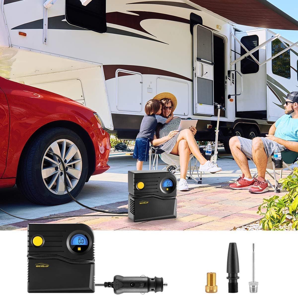 Detalle de WindGallop Car Tyre Inflator Air Compressor: Compact 12V Pump with Gauge and Adapters