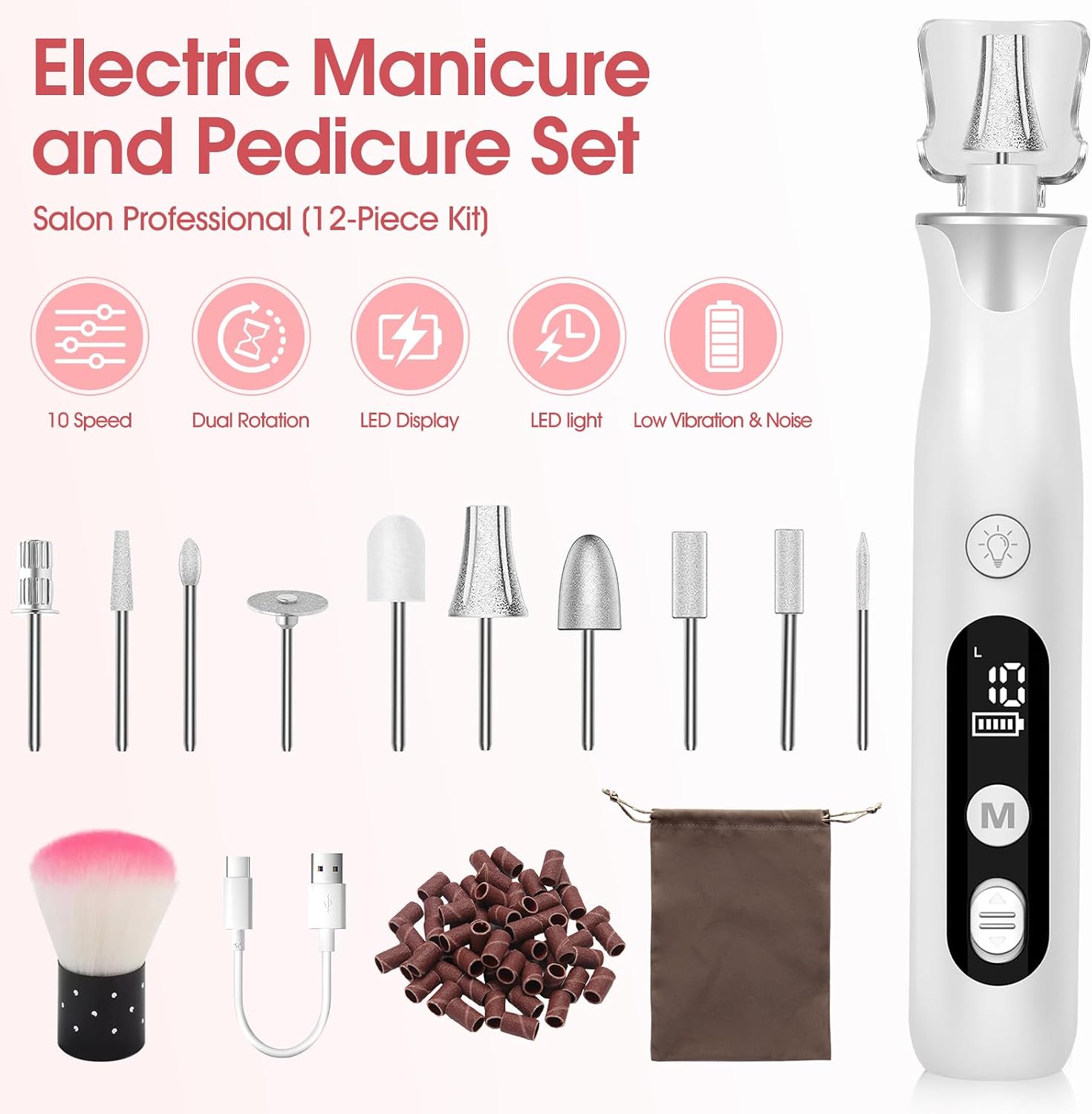 Detalle de ZABOUL AOL05 Cordless Electric Nail Drill, 10 Speeds, 10 Bits & 60 Bands