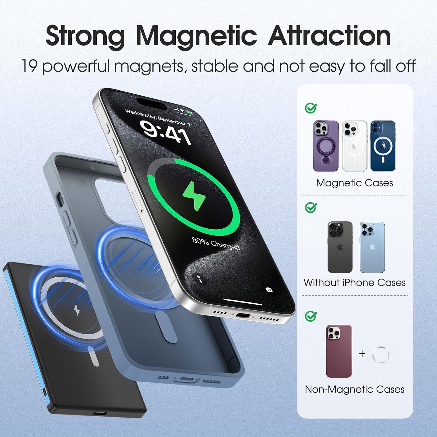 Detalle de Power Bank Mag safes Ultra Sottile 0.79 mm per iPhone — ricarica magnetica 5000 mAh, 20W/15W e design ultra compatto