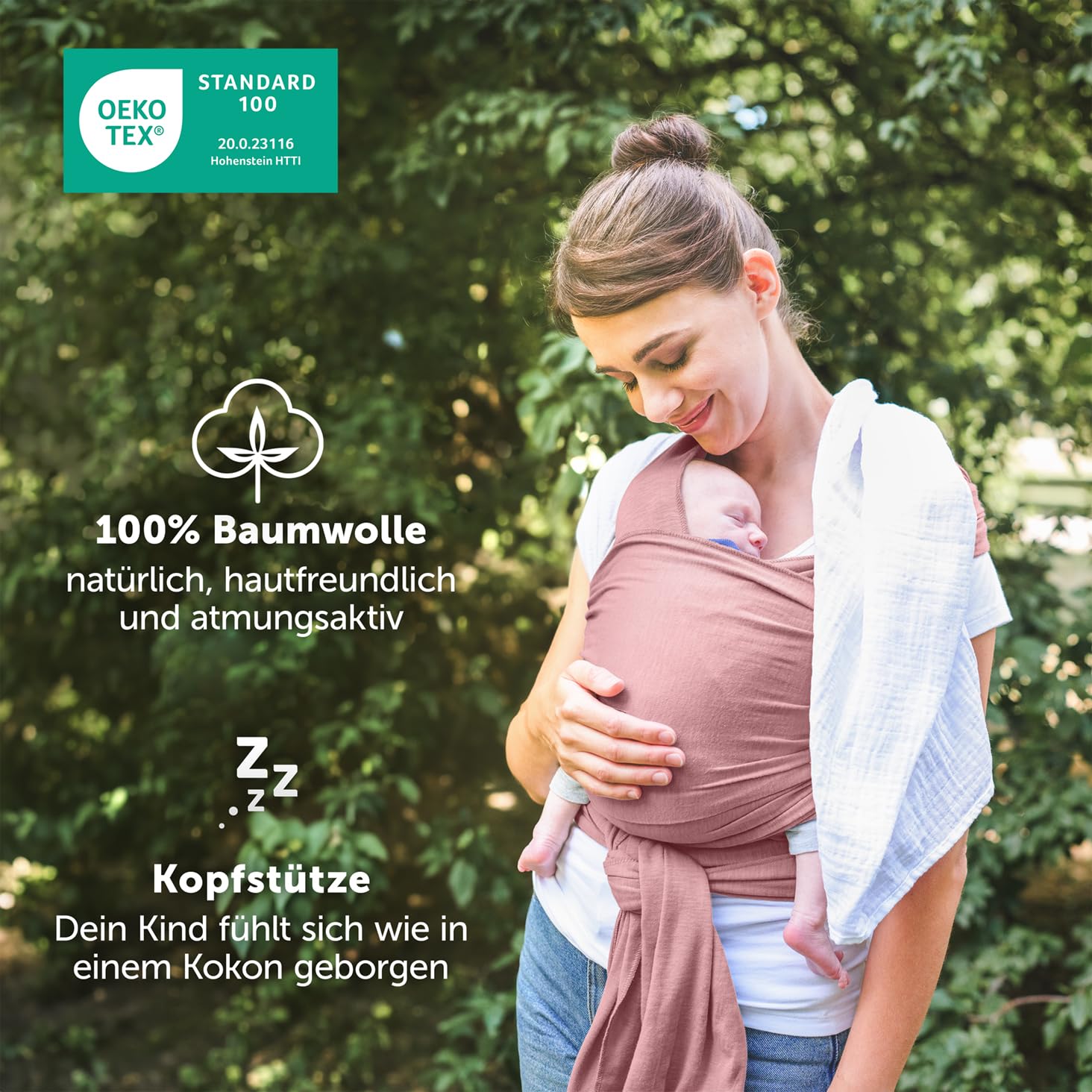 Detalle de Laleni Tragetuch Baby neugeboren bis 15 kg (5,10 m) in Rose – weiche Baumwolle, OEKO‑TEX zertifiziert