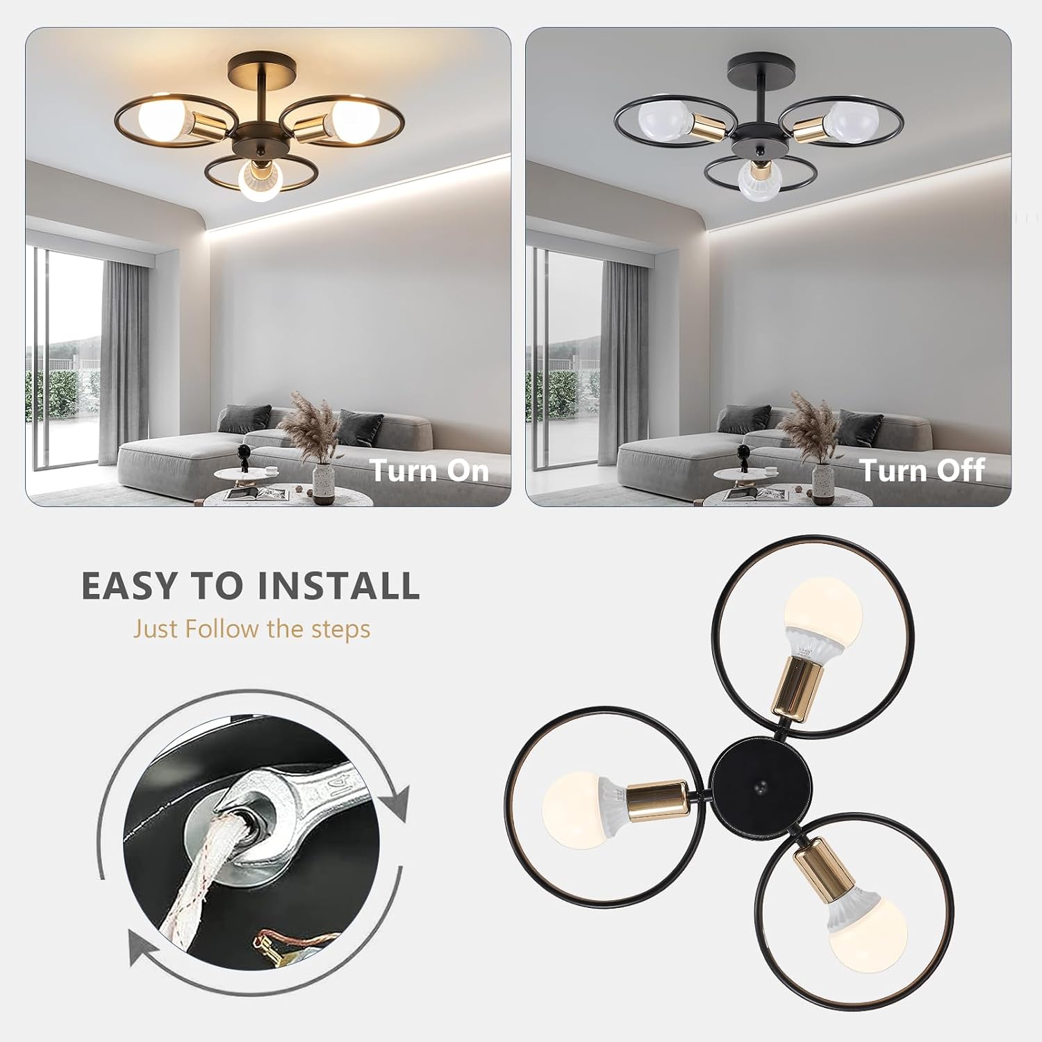 Thumbnail 1 de YOODI Vintage 3-Light Metal Ceiling Lamp with E27 Sockets