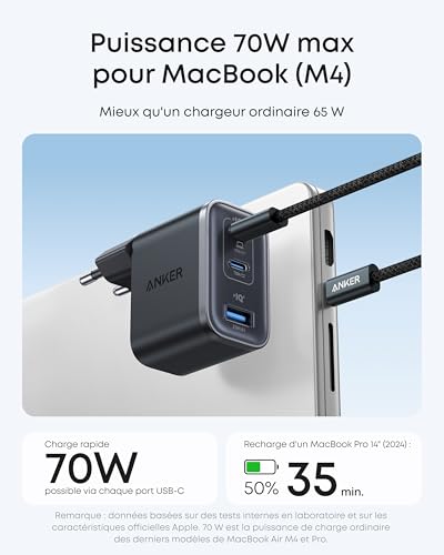 Detalle 2 de Anker Nano Chargeur USB-C 70W à 3 Ports — Charge rapide et compact avec câble inclus