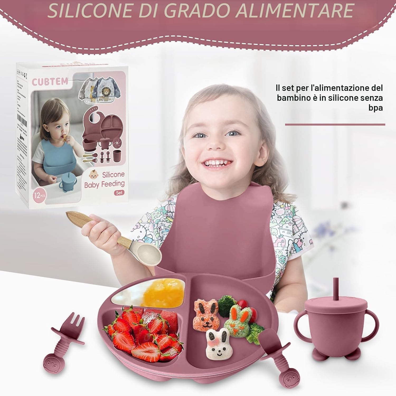 Thumbnail 1 de CUBTEM Set Pappa Svezzamento 12 pezzi: ciotola e piatti con ventosa, bavaglini in silicone e posate
