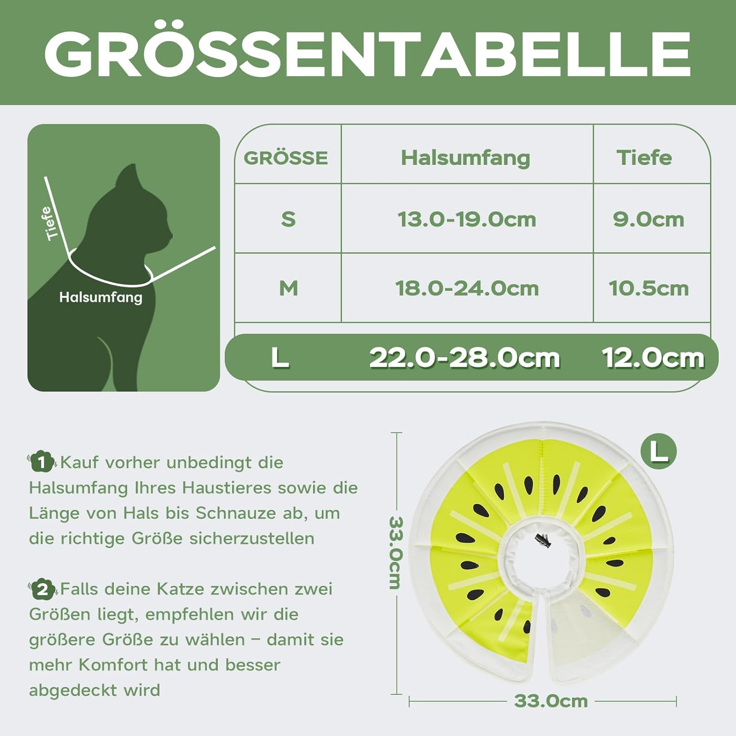 Detalle de Supet weicher Katzenkragen mit einstellbarem Halsband – waschbarer Halskrause für S/M/L (Grüne Kiwifrucht, L)
