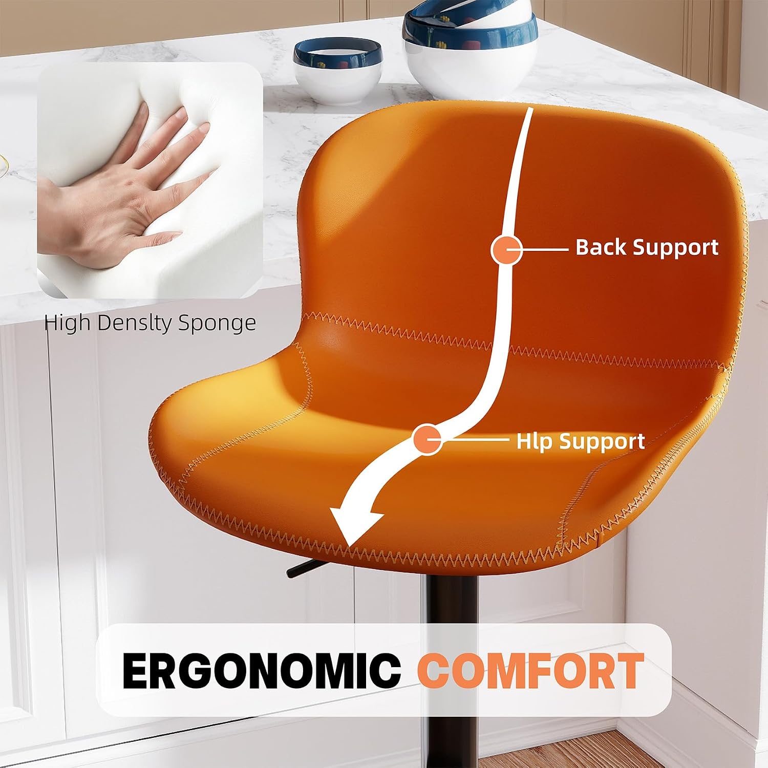 Detalle de Youhauchair YC-8010OR-2PC-EU Bar Stools, Set of 2, Orange PU Leather