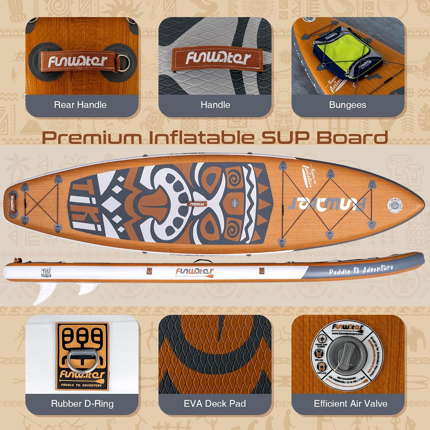 Detalle de FunWater Tavola Gonfiabile con Pinne e accessori – versione Upgrade TIKI 350 x 83 x 15 cm