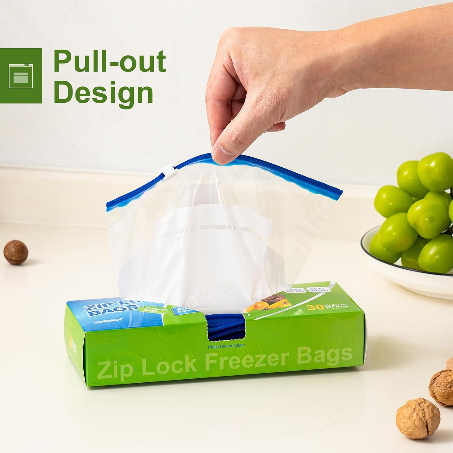 Detalle de GobiSea 60-Pack Zip Lock Freezer Bags – 1L, BPA-Free Freezer Bags with Expandable Bottom