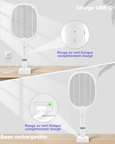 Thumbnail 5 de AOKKR Raquette Électrique Insectes 2 en 1 – UV 4000V, 1800mAh, Base de recharge