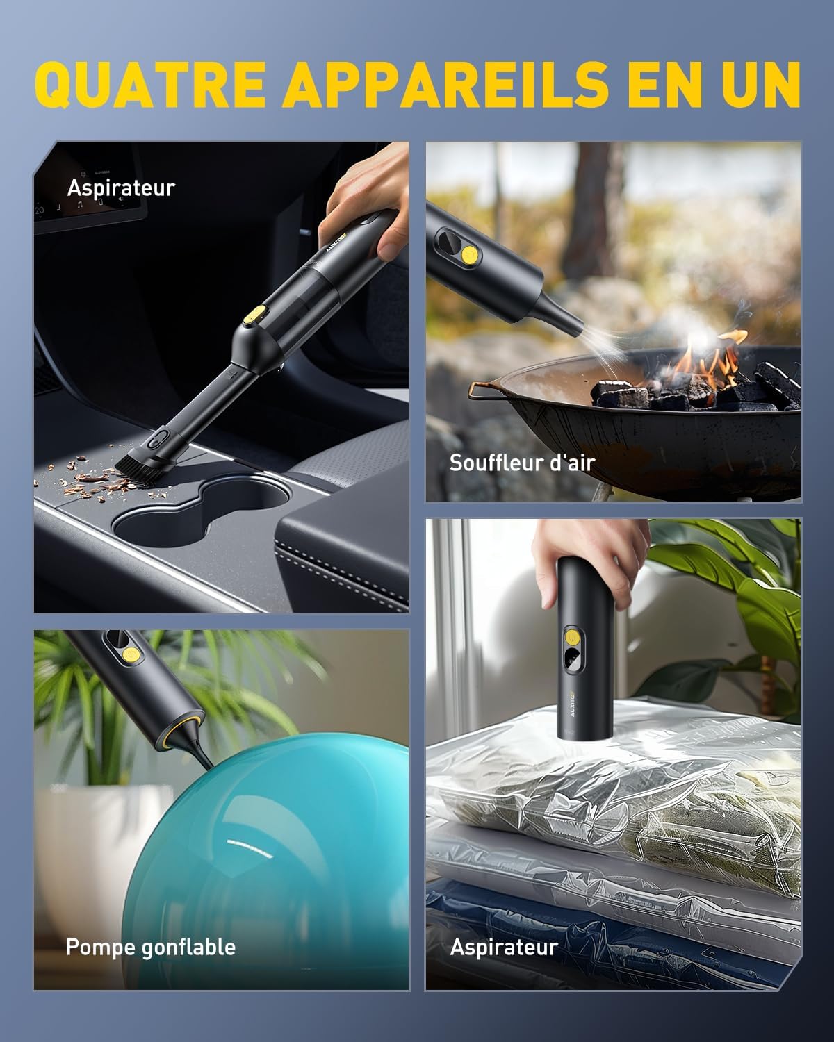 Detalle de AUXITO Aspirateur à main sans fil pour voiture 24000 Pa (4-en-1) avec outils animaux et charge USB‑C