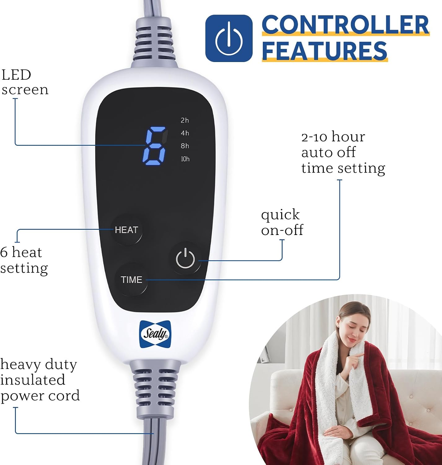 Detalle 2 de Sealy KTHT-QBHVS-W Heated Electric Throw, Sherpa & Flannel, 6 Heat Settings