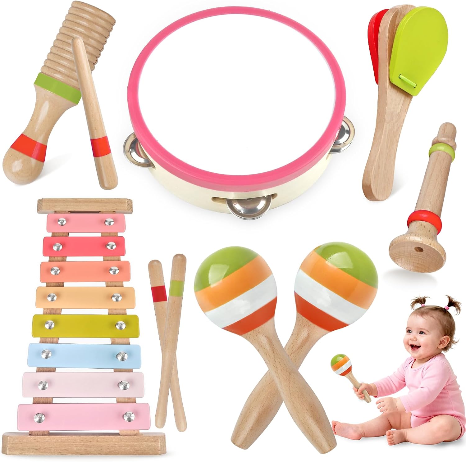 Thumbnail 6 de Baby Musical Instruments Montessori Wooden Toys Set (Neutral Colors) with Xylophone for Toddlers 1–3