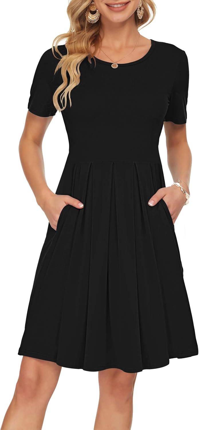 Detalle de AUSELILY Damen Kurzarm Plissee Loose Swing Freizeitkleid mit knielangen Taschen – entspannt elegant für Alltag und Events