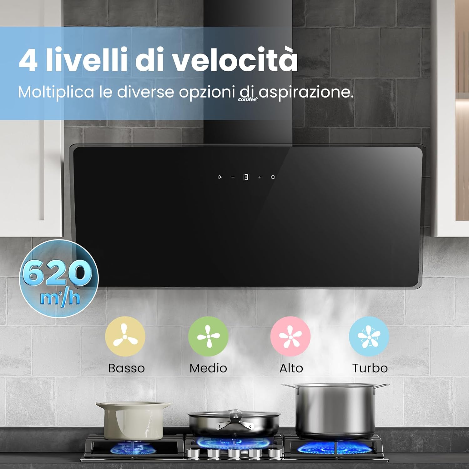 Detalle de Cappa aspirante COMFEE' CH90J64ET4A2B2-EU da 90 cm – 620 m³/h, controllo touch, bianca o nera