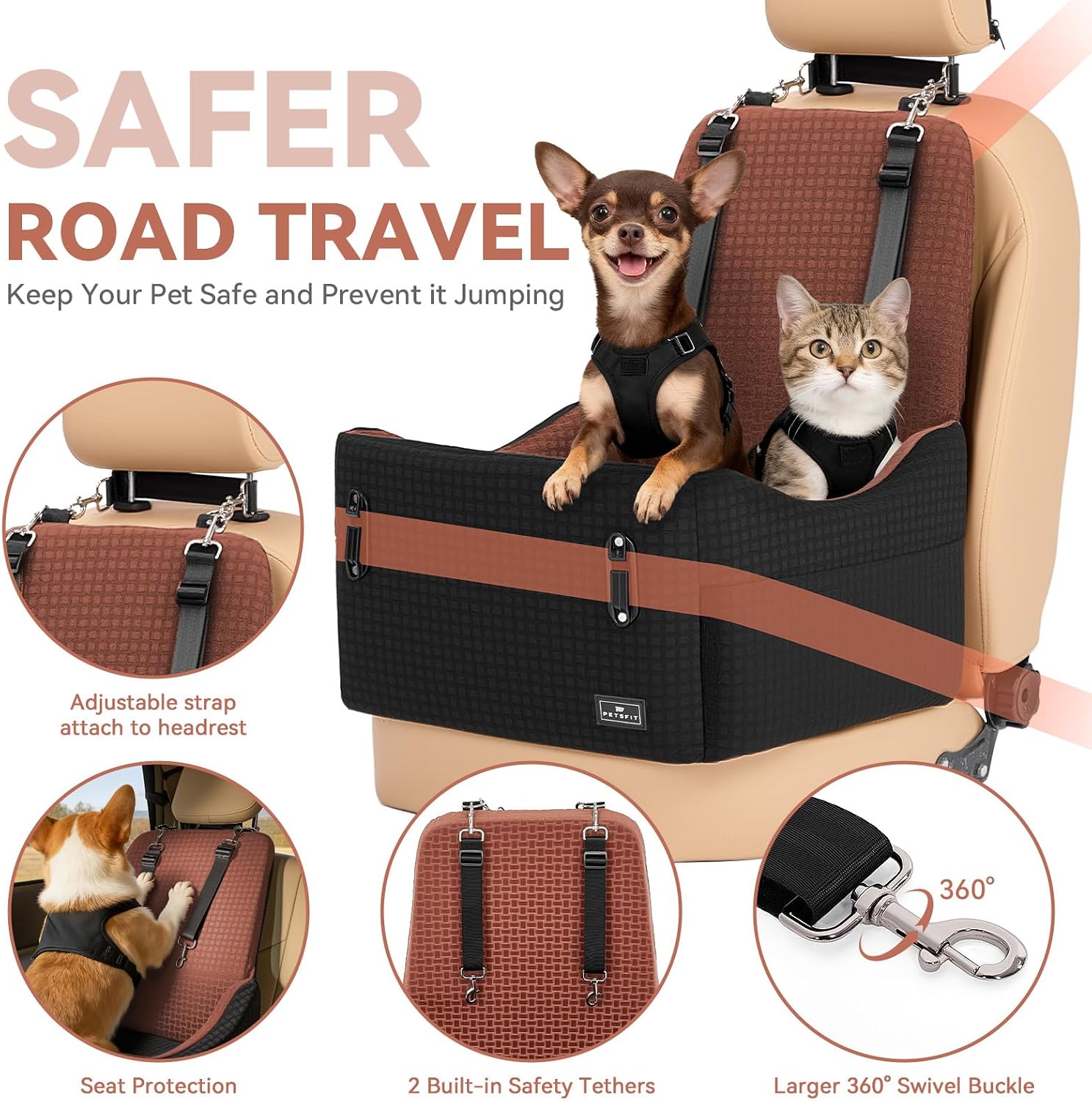 Detalle 2 de PETSFIT Siège auto pour chien (petits/moyens jusqu’à 15 kg) avec coussin mémoire de forme 15 cm, noir & marron