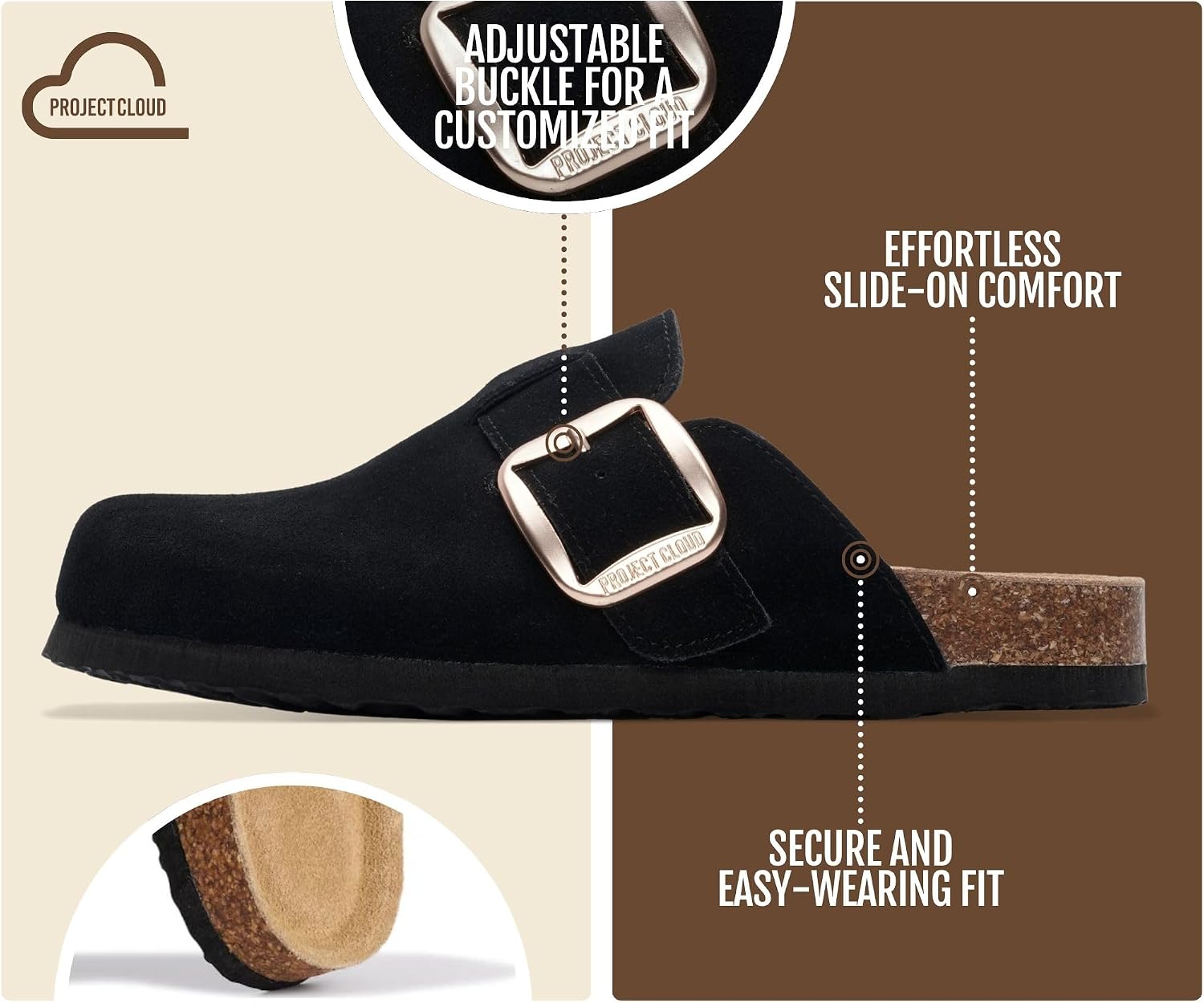 Detalle de Project Cloud Manchester Women's Leather Clogs with Memory Foam and Cork Footbed