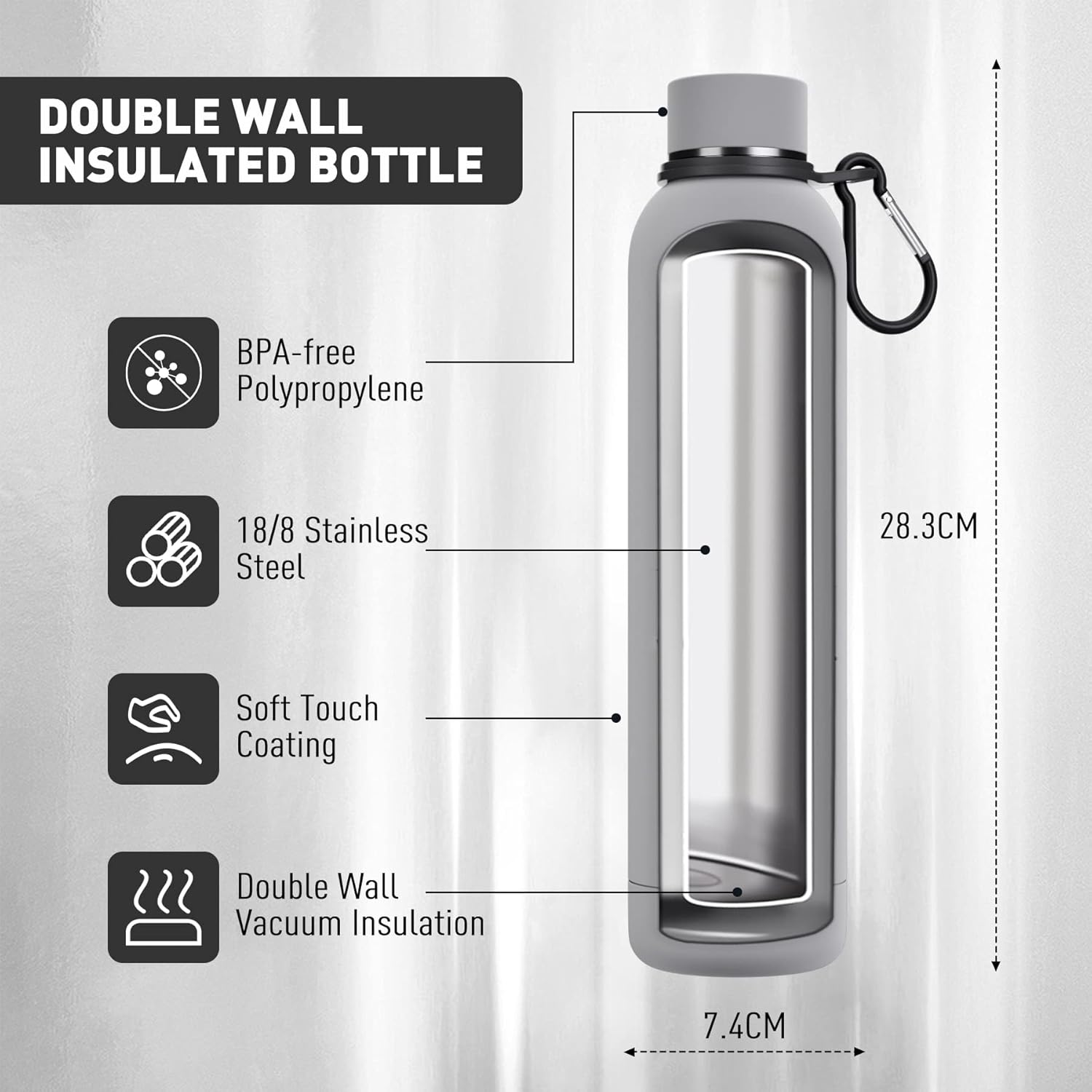 Thumbnail 1 de Exllena 750ml insulated water bottle with clip, double-wall vacuum stainless steel (BPA-free) – grey