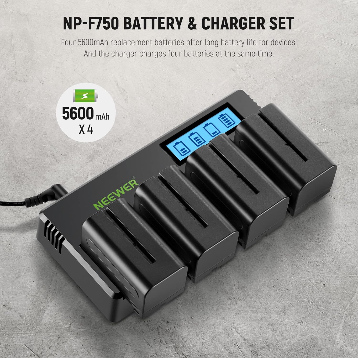 Detalle de NEEWER 4er-Pack NP F750 Ersatzakkus (7,4V, 5600 mAh) inkl. 4-Kanal-Ladegerät DF F750 für NP-F550/750/770/970