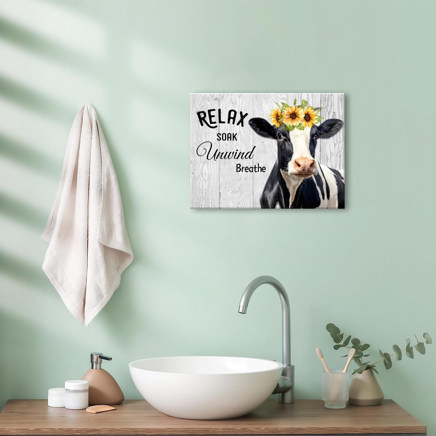 Thumbnail 1 de Funny Cow Bathroom Wall Art (Relax Soak Unwind Breathe) 30 x 40 cm rustic farmhouse cow print