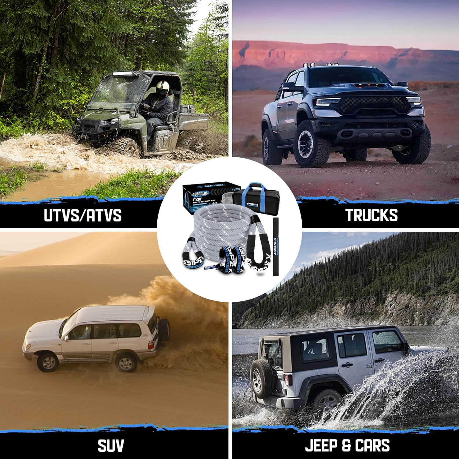 Thumbnail 5 de AXSIPEIX Kinetic Recovery Rope Kit (Reflective), 1in x 30ft with 2 Soft Shackles