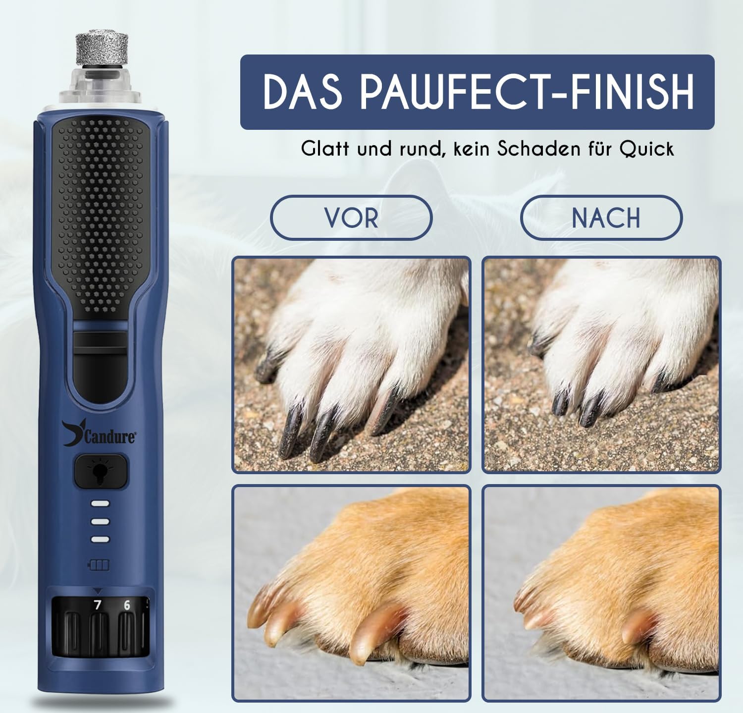 Thumbnail 6 de Candure Krallenschleifer für Hunde – 3 Aufsätze, 360° LED, leisem Betrieb, wiederaufladbar