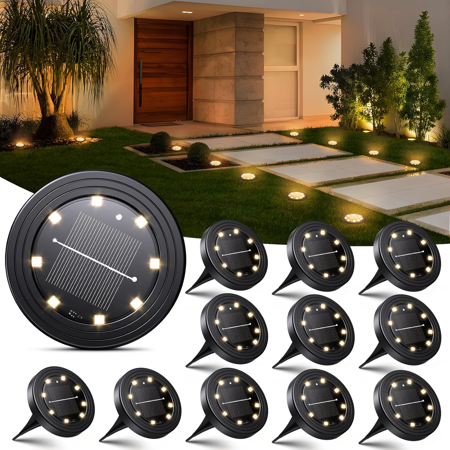 Detalle de NIBSHOOM 12 Pezzi Luci Solari da Giardino: Faretto LED Esterno IP68, 8 LED, 12–13 Ore di Illuminazione