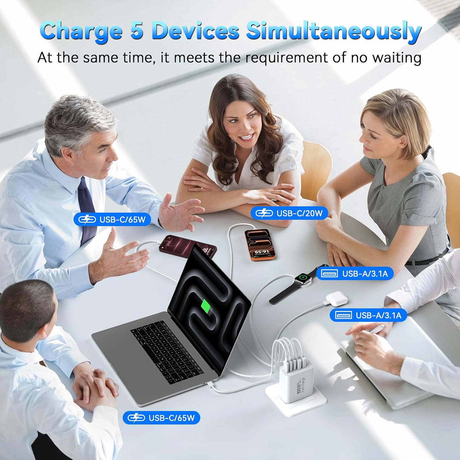 Detalle de USB C Charging Blocks 100W 5-Port Wall Charger with 3 USB-C and 2 USB-A Ports