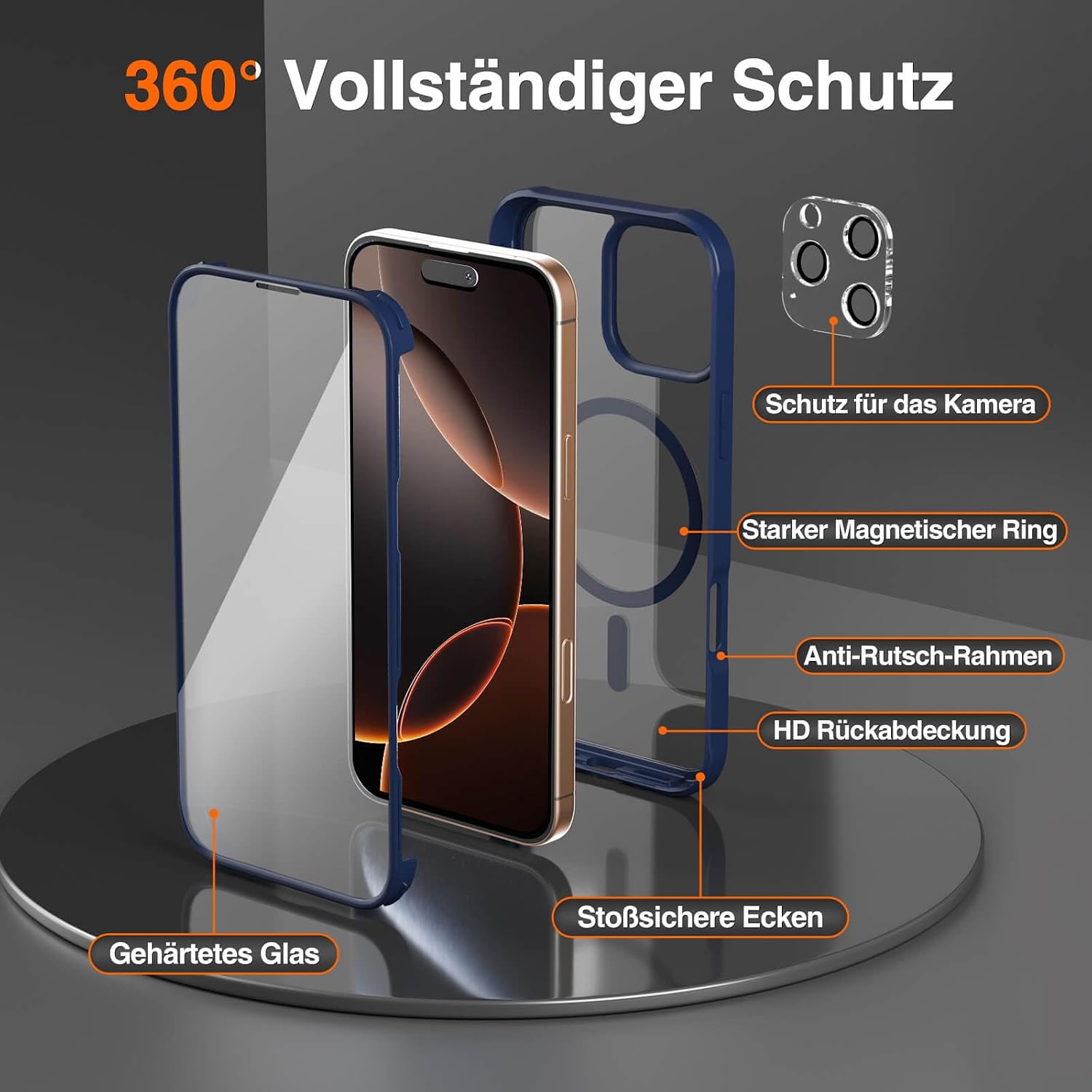 Detalle 2 de Leedia Handyhülle für iPhone 16 Pro Max mit integriertem 9H Display- und Kameraschutz (Magsafe, 360° Full-Protection) in Blau