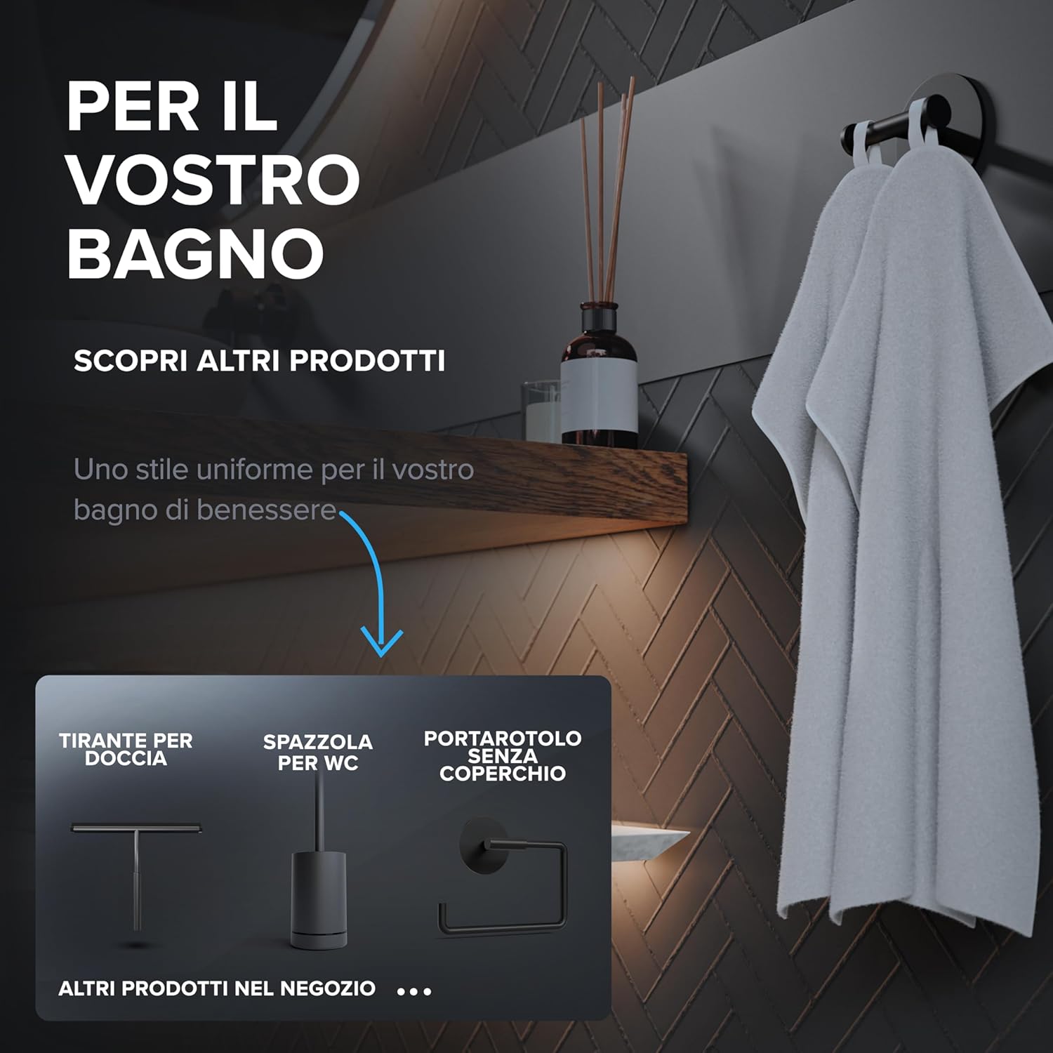 Thumbnail 4 de Gancio doppio per asciugamani Vigra di Ovimar: installazione adesiva in acciaio inox nero opaco