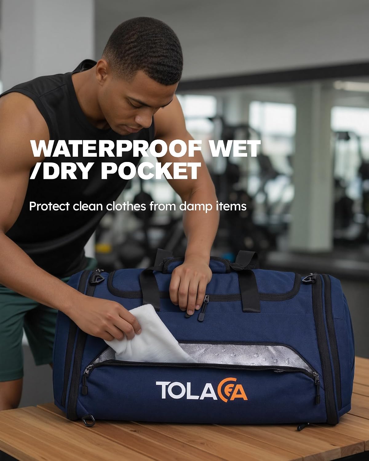 Detalle de Tolaccea Sporttasche 56–70L (erweiterbar) mit Schuh- und Nassfach – als Rucksack tragbar, Blau
