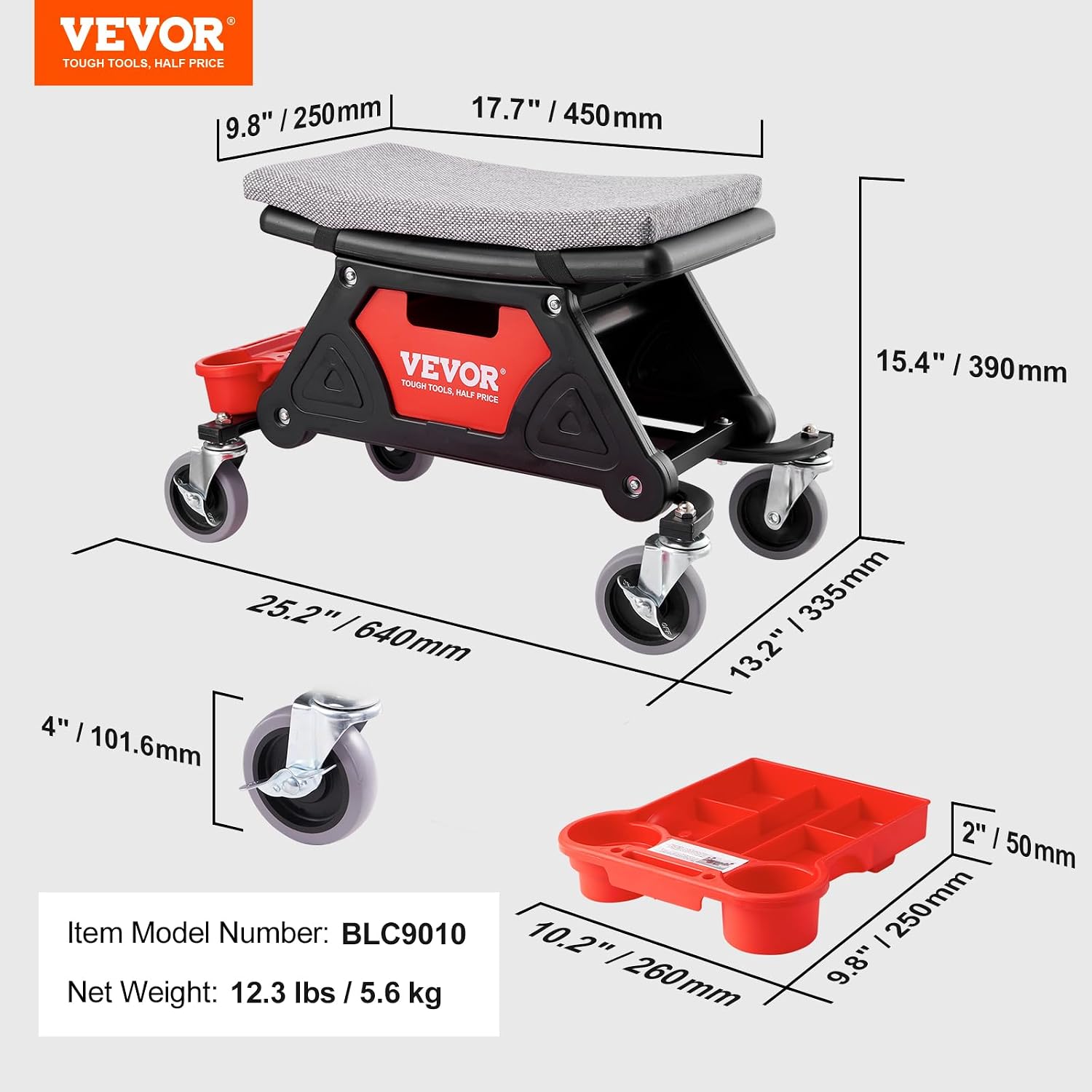 Detalle de VEVOR 300 LBS Capacity Garage Stool, Rolling Mechanic Seat with Tool Trays