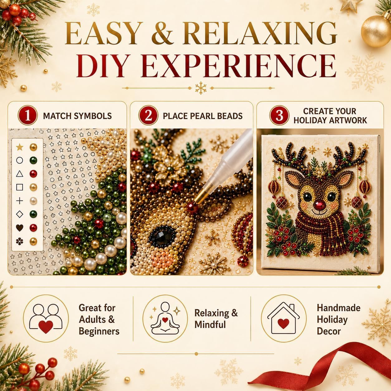 Detalle de Meothan Christmas Pearl Diamond Art Kit, Framed 10 x 10-Inch Wreath