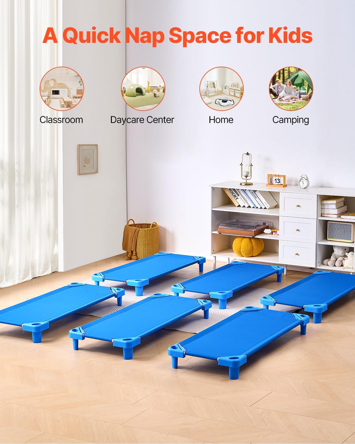 Detalle de VEVOR QL130-6 Stackable Kids Cots, 6-Pack, Blue, 52" x 23