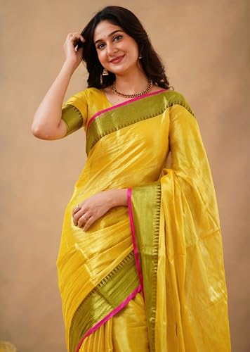 Detalle de TRENDMALLS K1142-Yellow Women's Tissue Cotton Handloom Saree