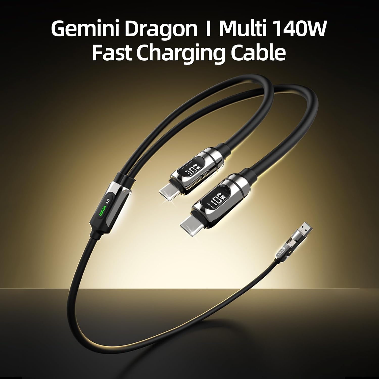 Detalle 2 de MFish 140W Smart 2-in-1 USB-C Charging Cable with LED Power Display (PD 3.1, Split Charging)