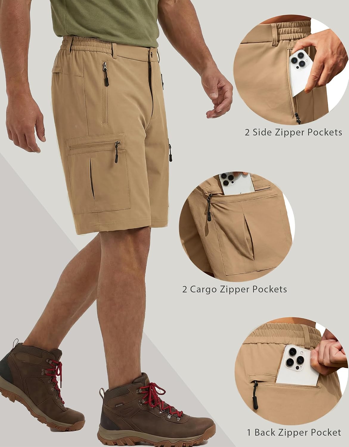 Detalle 2 de COOFANDY Men's Hiking Cargo Shorts, 9-Inch, Five Zipper Pockets, Stretch Fabric