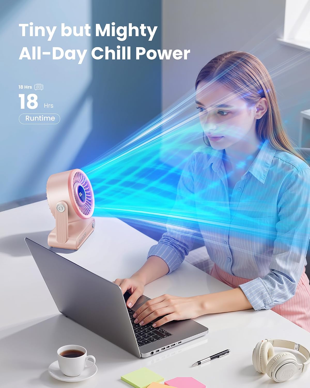 Detalle 2 de Gaiatop Rechargeable Desk Fan with Power Bank and RGB Ring — 6000mAh, Quiet 5-Speed