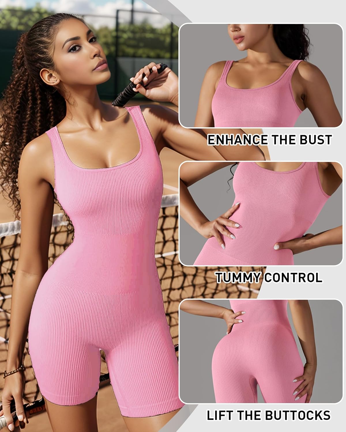 Thumbnail 2 de Merlvida Sport Jumpsuit für Damen – kurzer, figurbetonter nahtloser Overall mit abnehmbaren Brustpolstern
