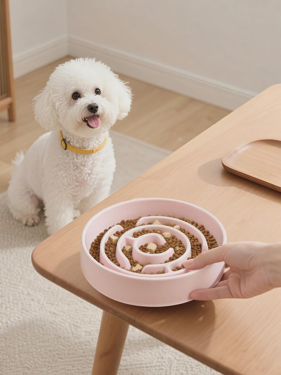 Detalle de Slow Feeder Ceramic Dog Bowl with Anti-Slip (Pink) — 1.5 Cup Capacity