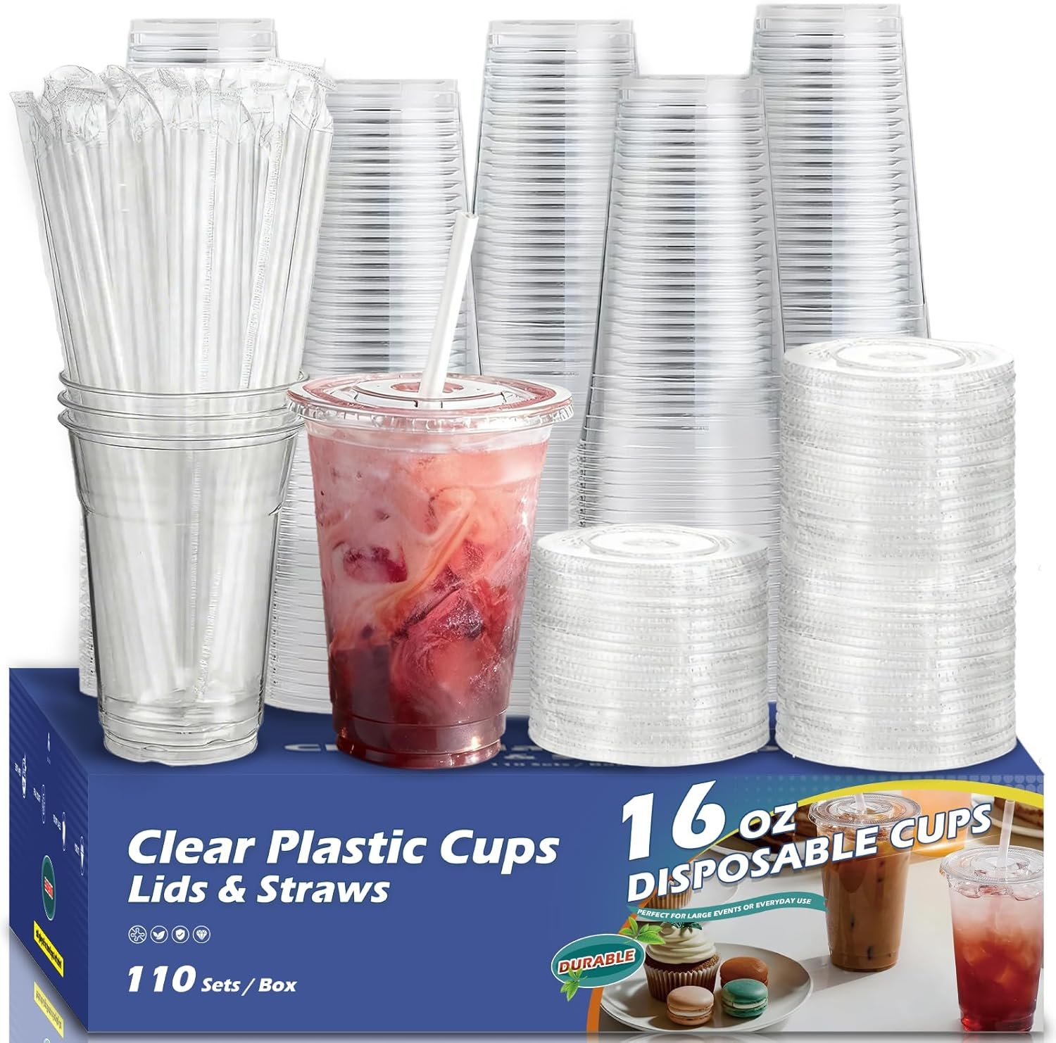 Detalle de Voatree 110 Pack Clear Plastic Cups with Lids and Straws, 16 oz