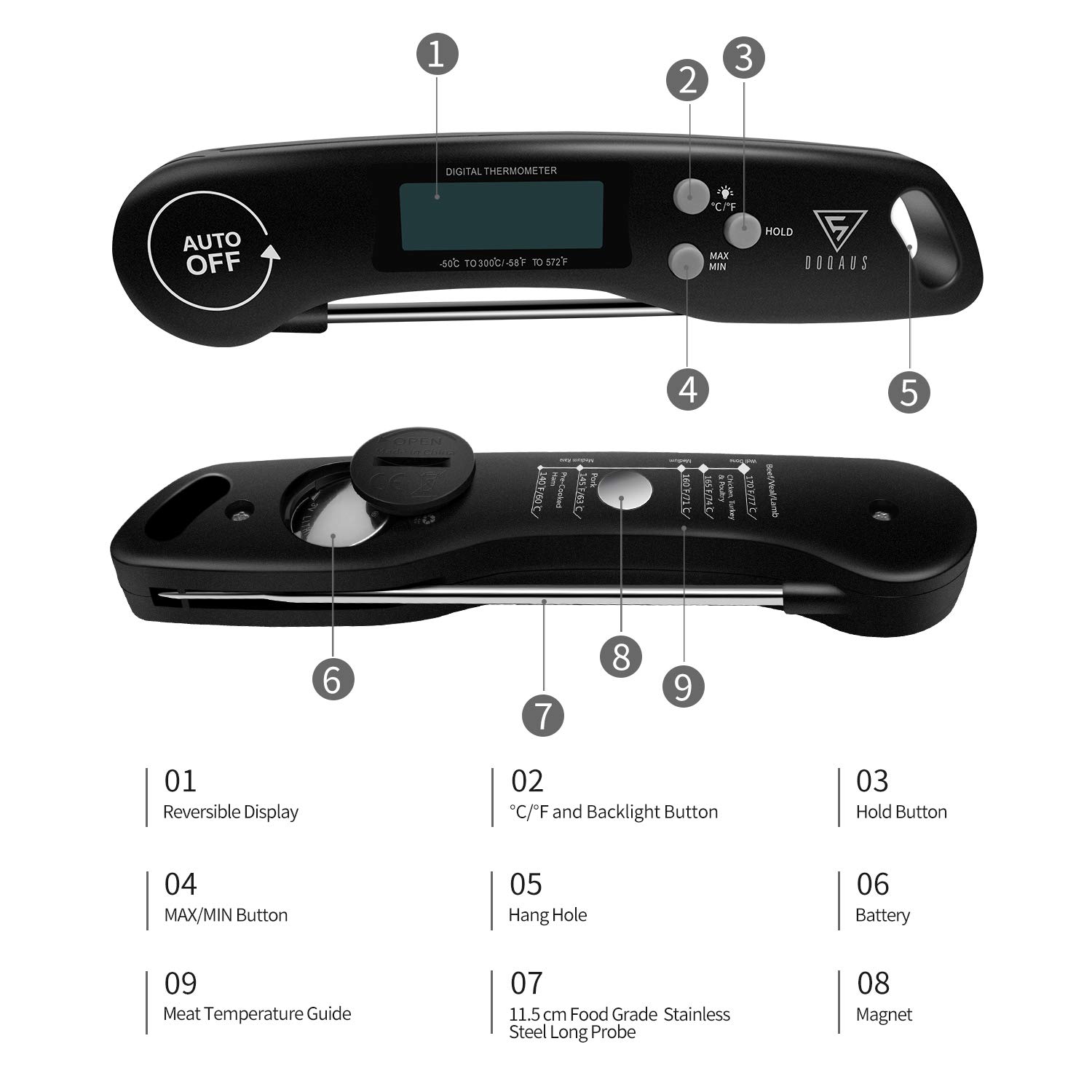 Thumbnail 6 de DOQAUS DQCP001AB1 CP1 Meat Thermometer, 3-Second Read, Backlit Display