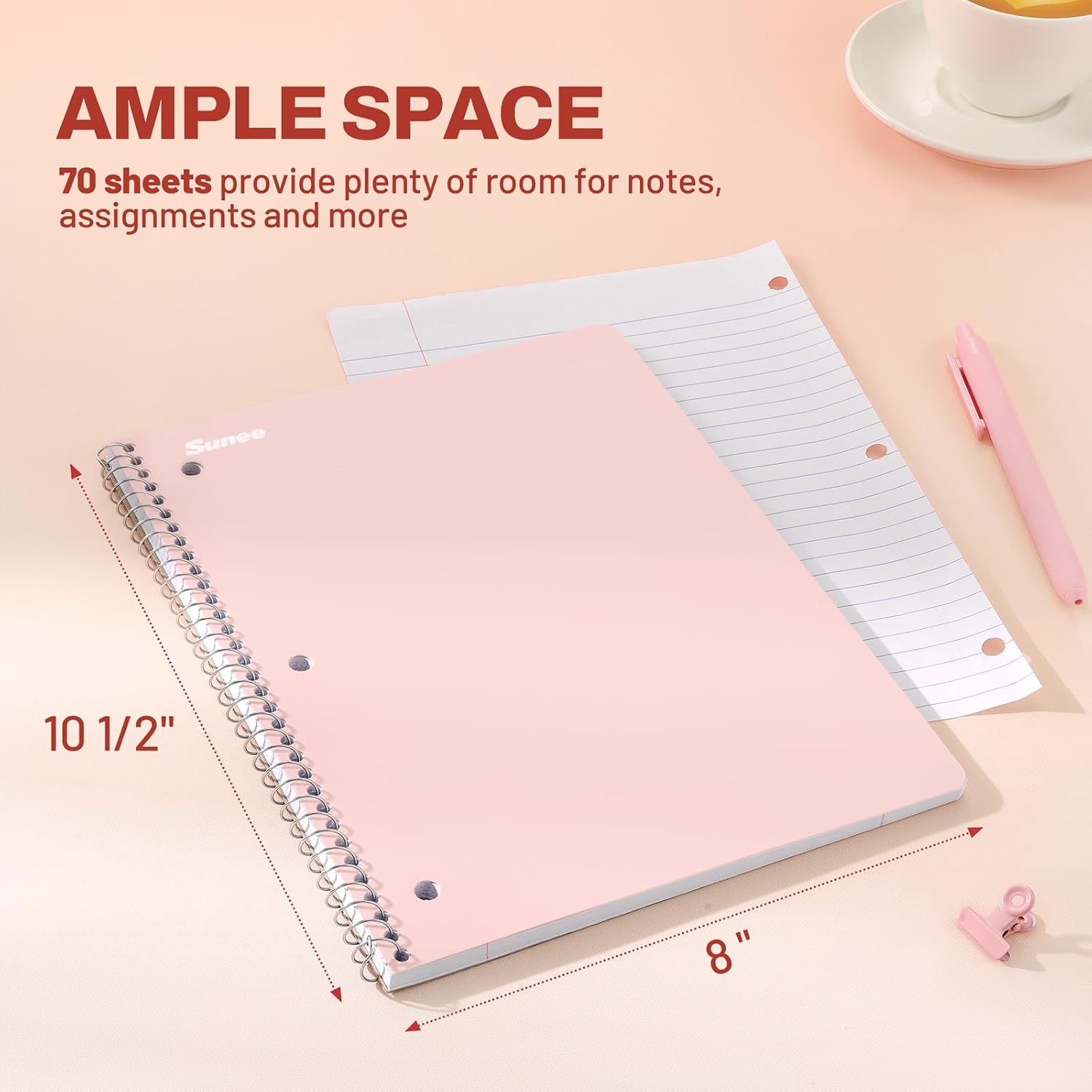 Thumbnail 1 de SUNEE 1-Subject Spiral Notebooks, 5-Pack — 8 x 10.5, 70 Sheets Each, College Ruled, 3-Hole Punch, Pink-Purple-Blue-Green-Yellow