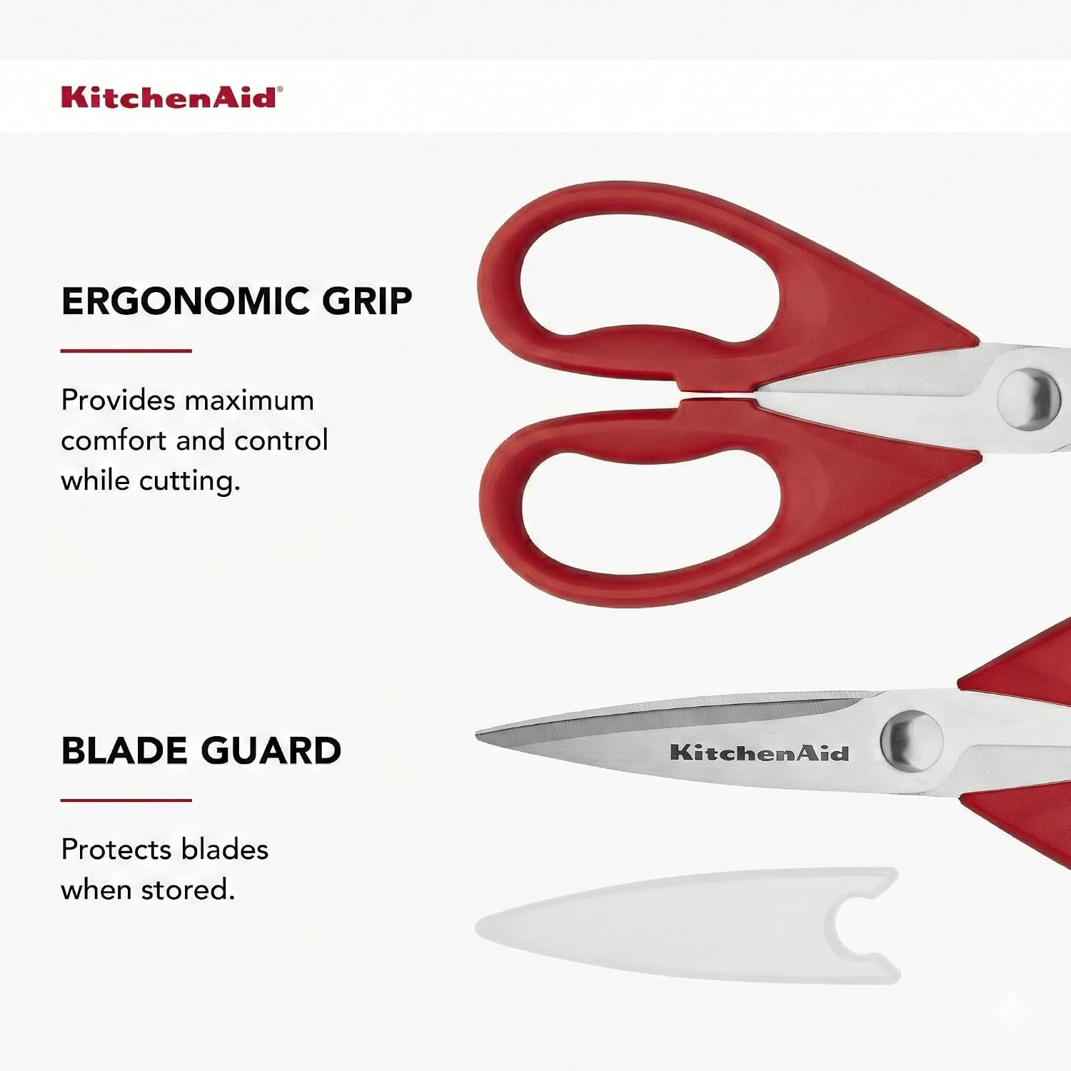 Detalle de KitchenAid KE351OHERA keukenschaar van roestvrij staal, 22 cm, rood