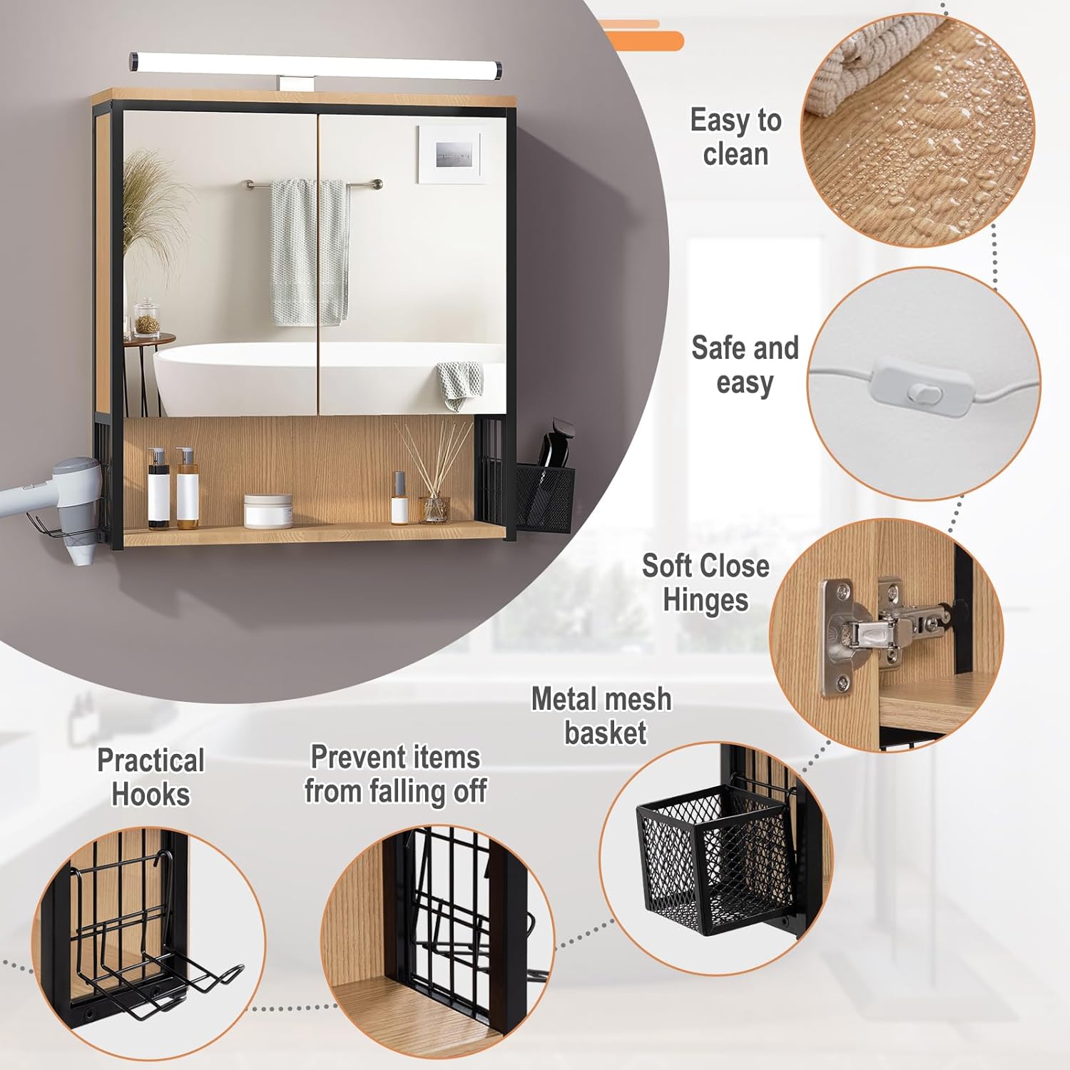 Thumbnail 5 de EUGAD Spiegelschrank Bad mit Beleuchtung – 56x60x13 cm, schwarz + helle Eiche