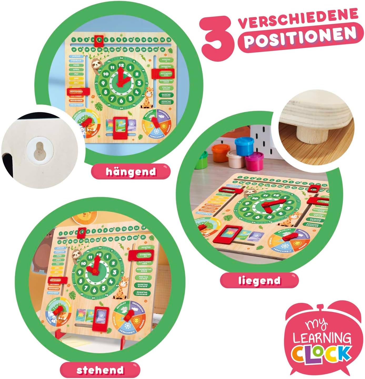 Detalle de CRAZE My Learning Clock Animals – Lernuhr aus Holz, grün, Lernhilfe für Kinder inkl. abnehmbarem Ständer