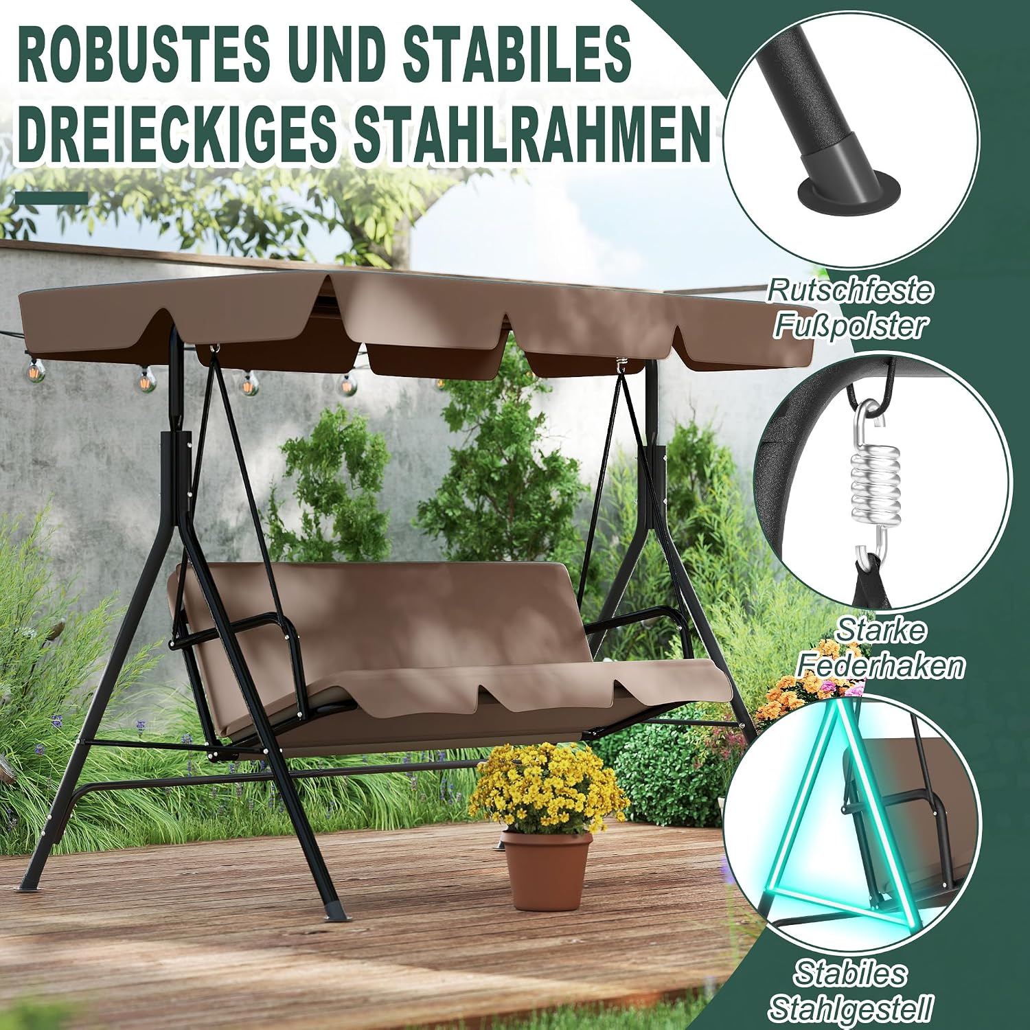 Detalle 2 de UISEBRT Dondolo da giardino a 3 posti con tettuccio regolabile – marrone scuro, 176 × 110 × 152 cm