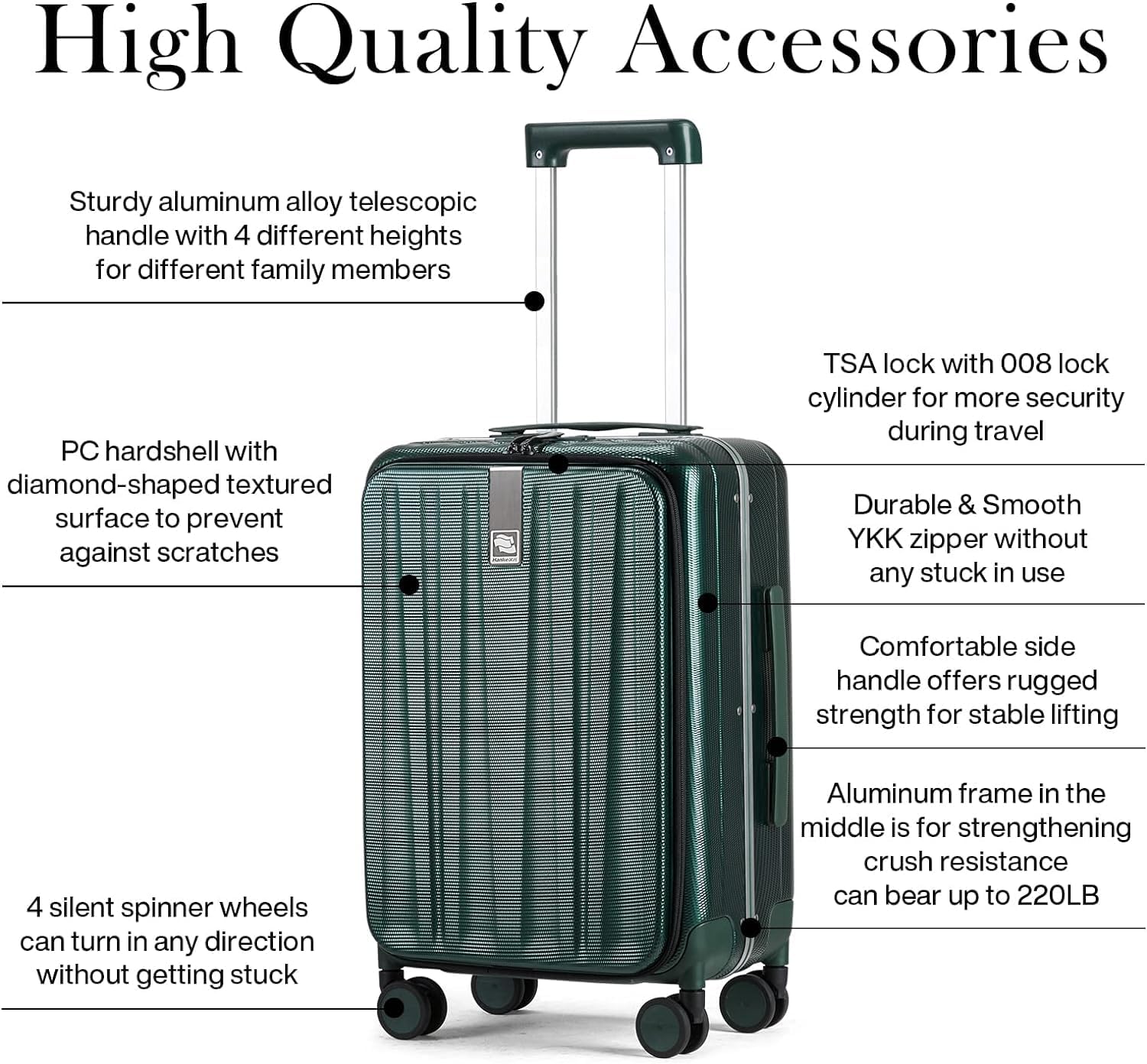 Detalle de Hanke 20-Inch Carry-On Rolling Suitcase (Aluminum Frame, Front Opening) — Hard-Sided PC, Spinner Wheels, Dark Green